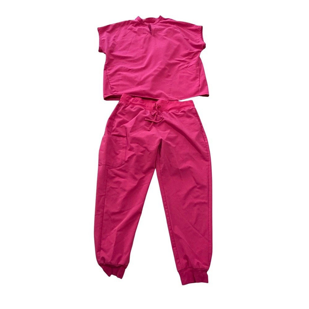 Mandala Women Magenta Pink Scrub Set Equa-Tek Notch Neck Top Jogger Pants XL S